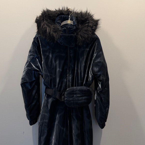 ASOS Navy Belted Ski Suit w/ Faux Fur Hood - Picture 5 of 12